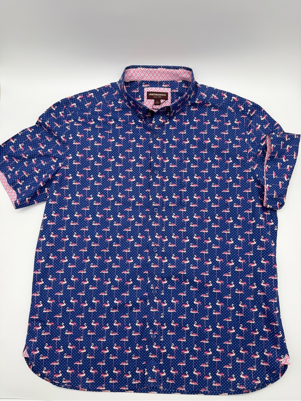 Mens Large NWT Navy Blue Pink Flamingo Polka Dot Short Sleeve Shirt Button Up